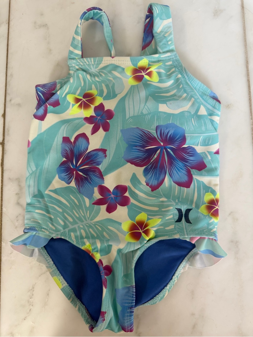 Hurley toddler girls 2T blue purple floral ruffle one piece bathing swim suit
